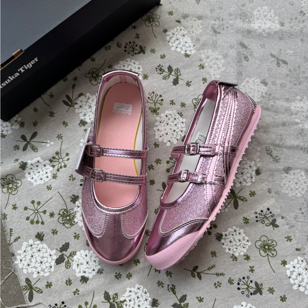 Onitsuka Tiger Double-Buckle Metallic Pink Mary Jane Ballet Flats - Picture 2 of 8
